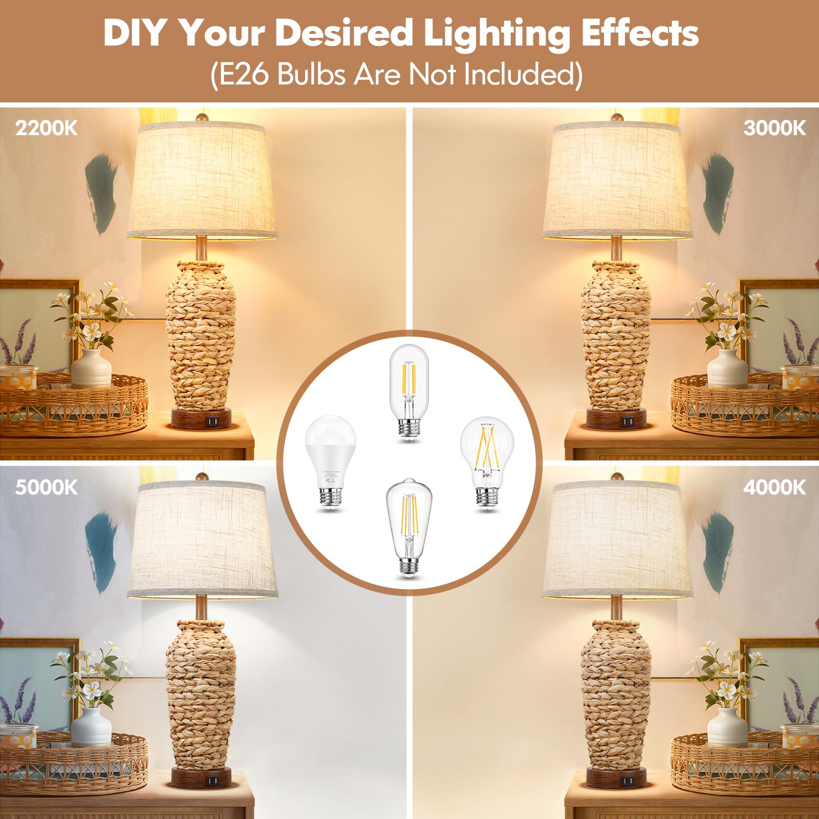 Lot de 2 lampes de table en rotin de 68,6 cm de haut, lampes de table de style bohème avec 2 ports de charge USB, lampes de chevet rustiques en jonc de mer tissé pour salon, chambre à coucher, table