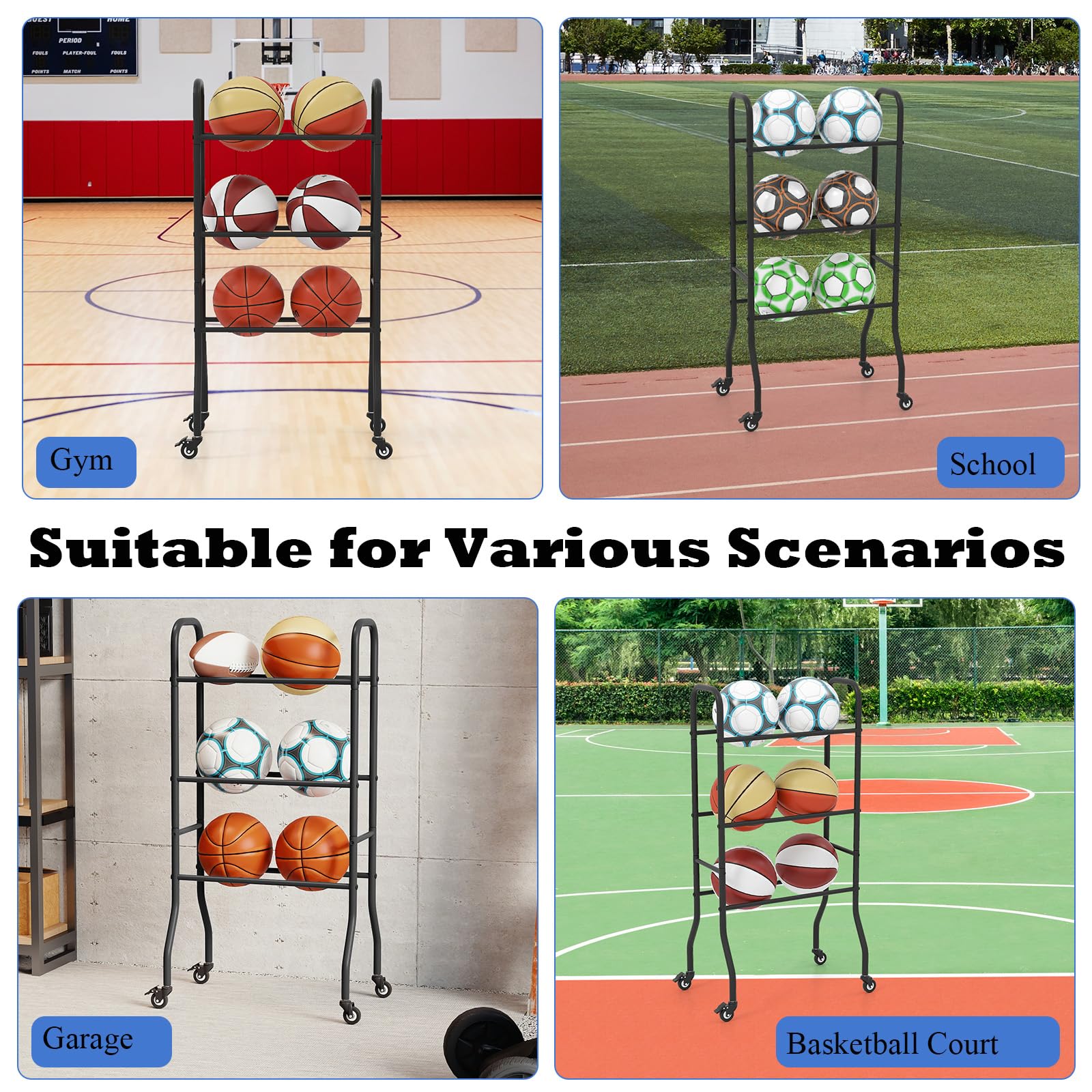 LIFEZEAL Soporte para balones de baloncesto, fútbol, voleibol, baloncesto, con ruedas, estante de 3 niveles para herramientas deportivas, estante de almacenamiento, soporte para gimnasio, casa, garaje