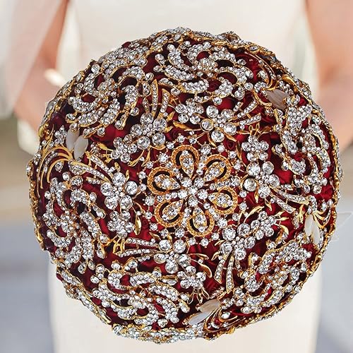 Miniatura 3 de Ramo de boda con diamante artificial de lujo dorado, juego que incluye ramos, flores de muñeca, ramillete para tu boda hecho a mano (dorado + rojo)