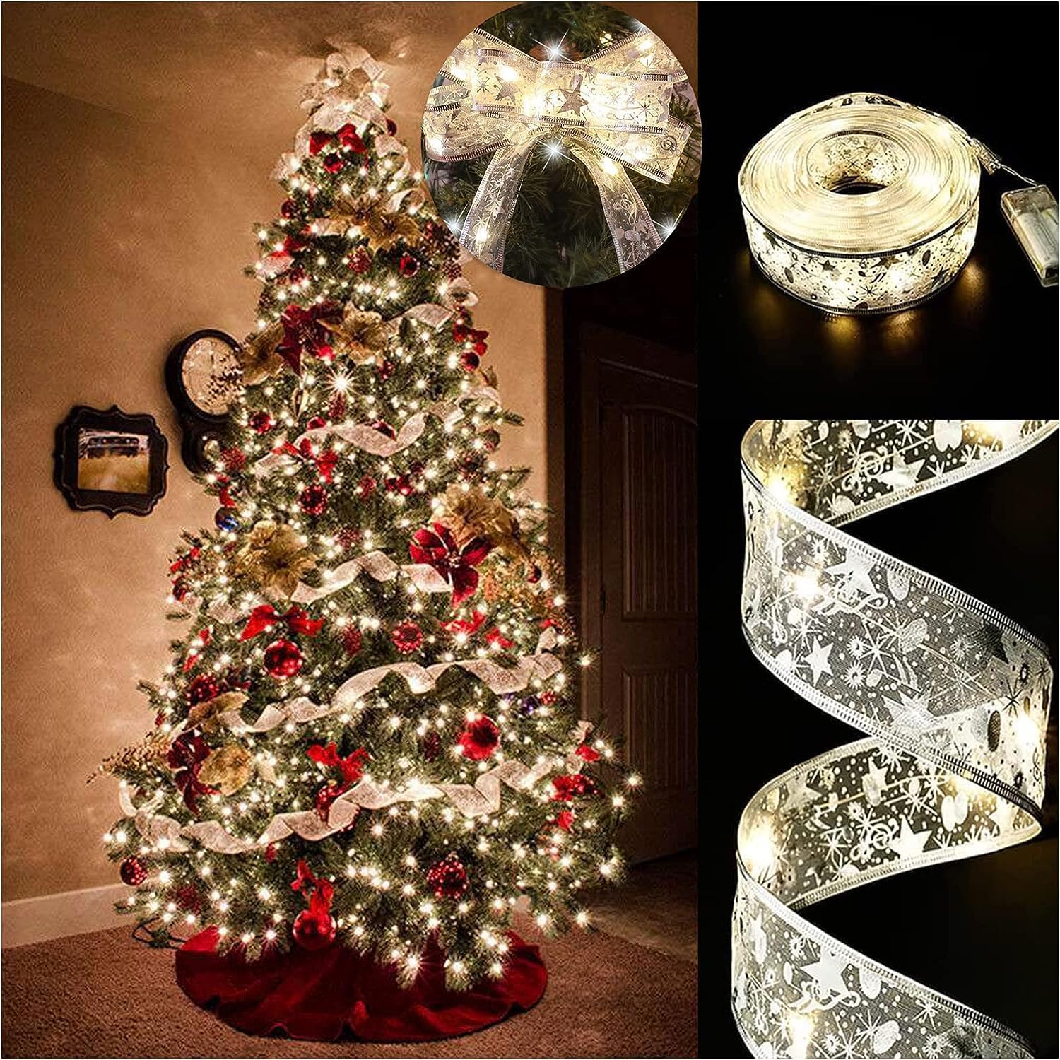 Christmas Tree Ribbon Fairy Lights, 39ft/12m 120LED Shining Ribbon String Lights, Waterproof Battery Operated Xmas Tree Lights for Christmas New Year Party Decorations Indoor Outdoor (12M Silver)
