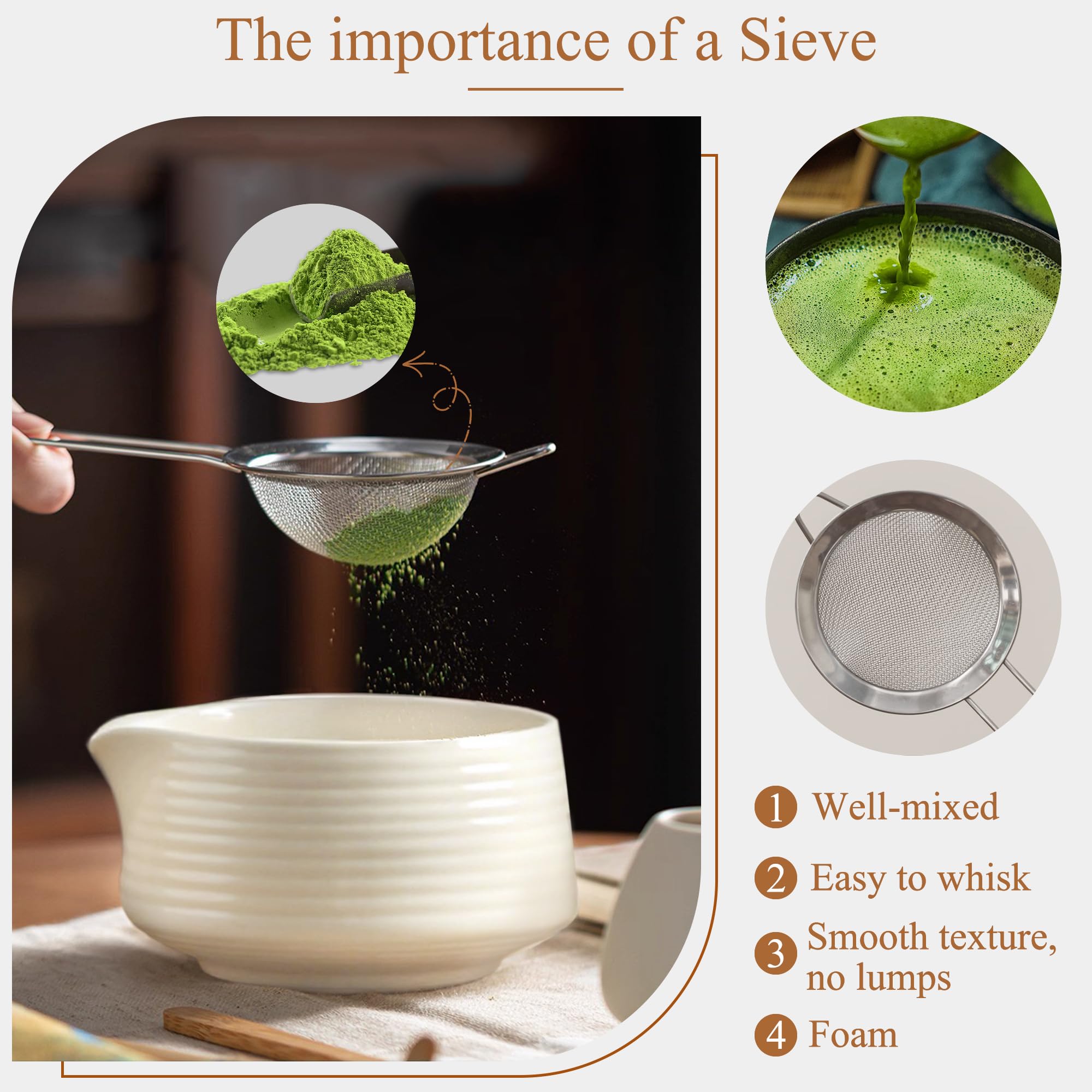 Kit Té Matcha Completo 8 Piezas con Cuenco de Cerámica con Pico 510 ml, Batidor de Bambú, Cuchara, Tamiz y Soporte, Set Japonés para Matcha Latte, Ceremonia del Té, Regalo Original