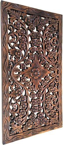 Miniatura 3 de Panel tallado en madera. Escultura decorativa tailandesa de pared en relieve. Colgante de pared de madera de teca en acabado marrón oscuro, tamaño