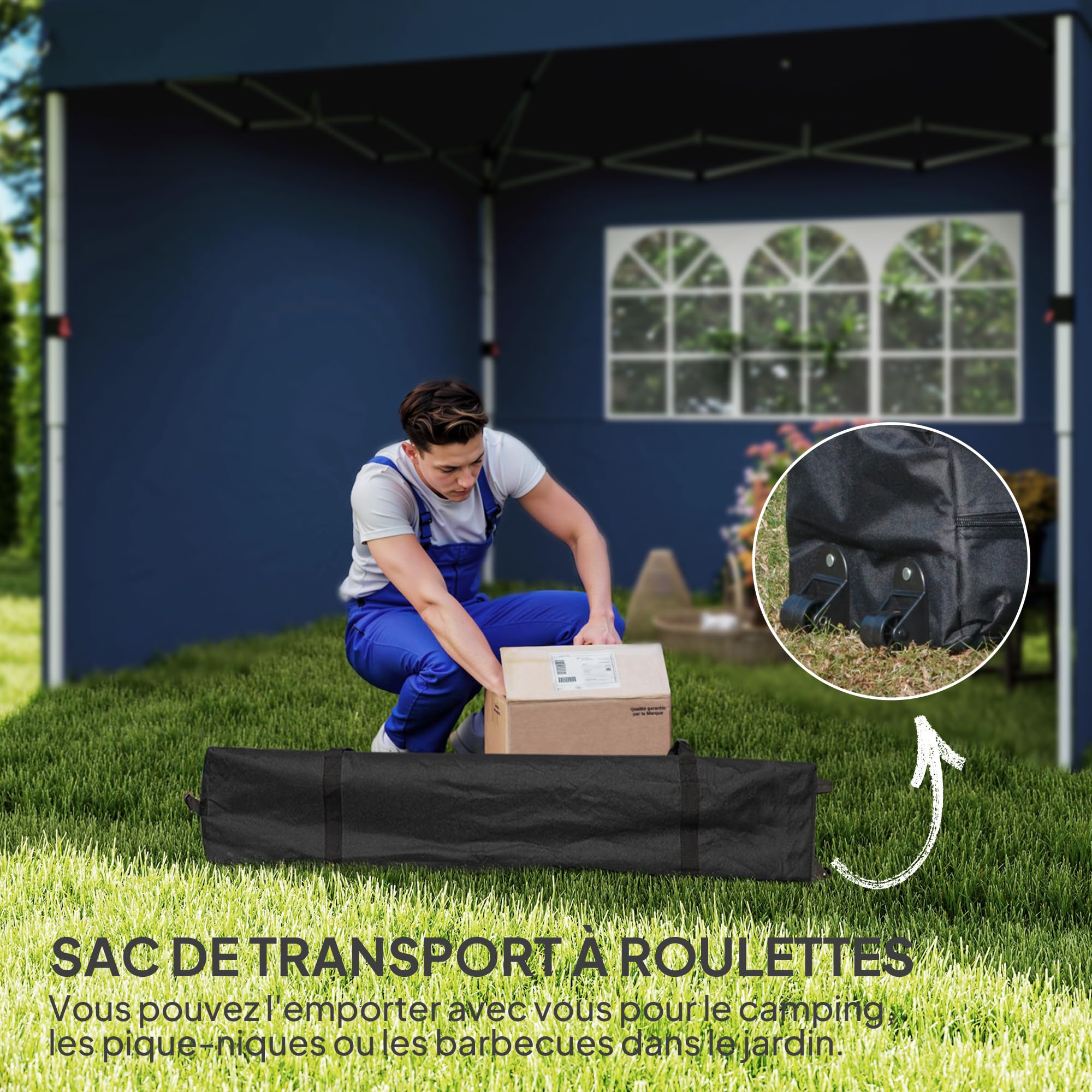 Outsunny Tonnelle de Jardin Pliante 3 x 3m Hauteur Réglable Bleu Foncé | Tente de Réception Pop-up, Parois Latérales, Aérations, Fenêtres, Sac de Transport à Roulettes, Tissu Oxford