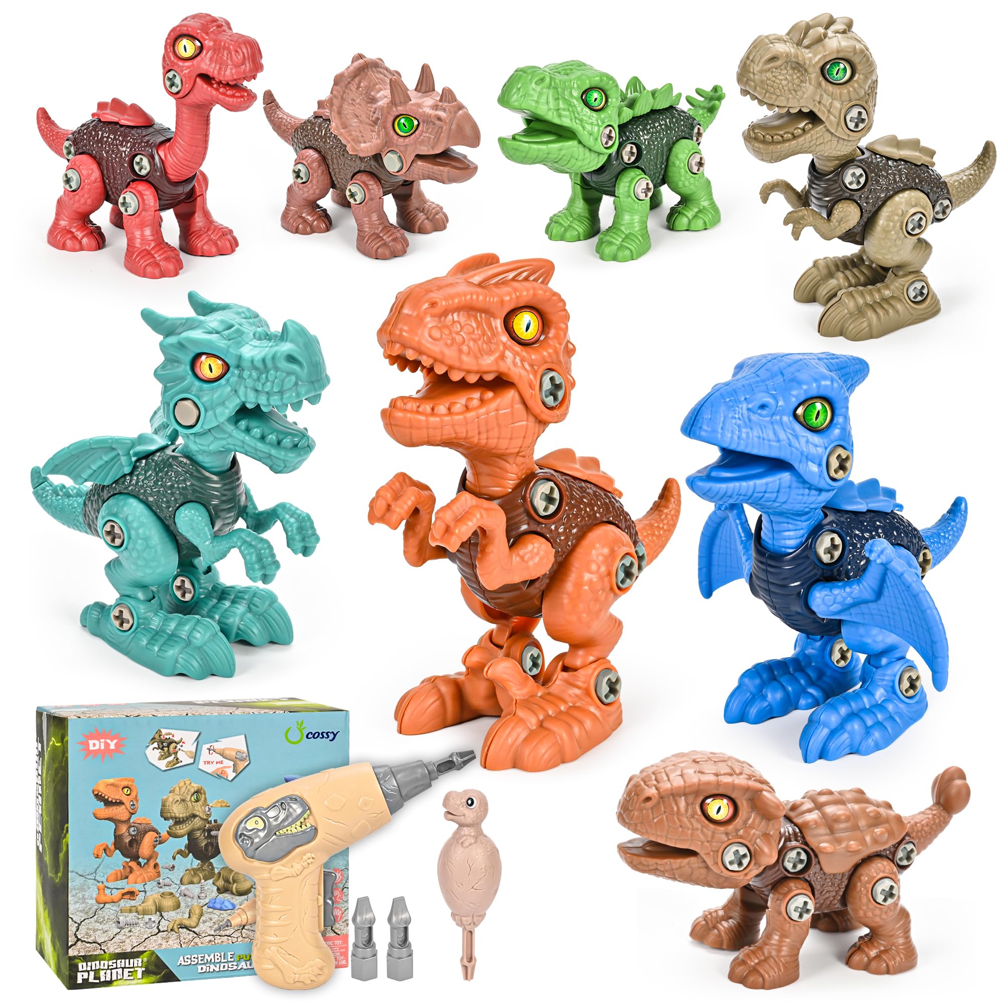 cossy Dinosaur Toys for Boys, Take Apart Dinosaur Toys for Kids with Electric Drill, DIY Construction Buliding Set, STEM Educational Gift for Boys Girls, 8 Pack