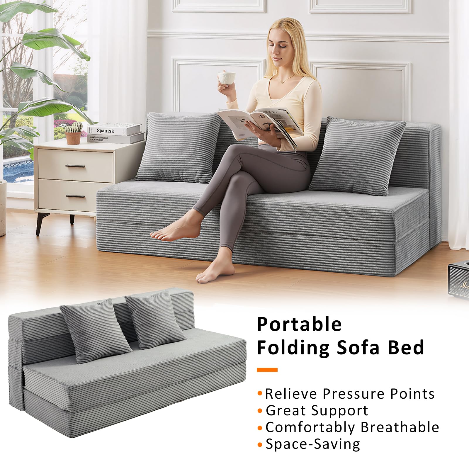 Queen Size Folding Sofa Bed - 4 in 1 Convertible Sleeper Chair with Two Pillows - High Density Memory Foam Futon Couch - Foldable Bed for Living Room Bedroom (Dark Grey)