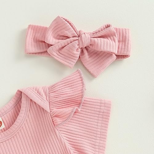 Miniatura 4 de Conjunto de 3 piezas de ropa de verano para bebé recién nacida, con volantes, manga corta, cintura elástica, pantalones cortos y diadema