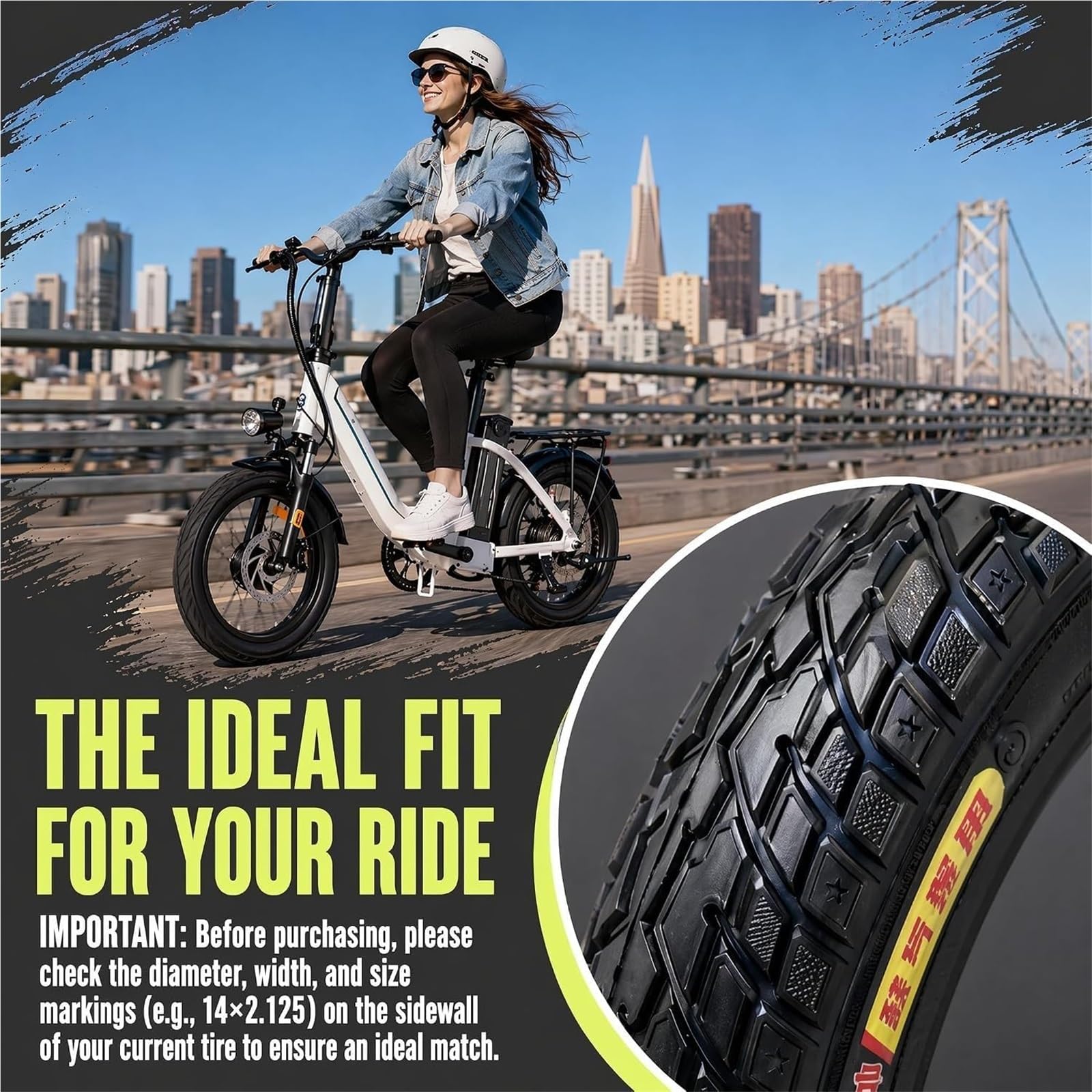 Pneu 14 x 2,125 | Pneu for vélo électrique 14 Pouces | Tubeless 14 x 2,125 | Pneu renforcé épais, résistant aux crevaisons et à l'abrasion | Pneu tubeless for vélo électrique