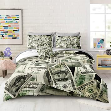 Merryword 6 Pieces Bed in a Bag Money Comforter Set Twin Size Dollar Bill Comforter Set Gold Coins Bedding Set with 1 Comforter, 2 Pillowcases, 1 Flat Sheet, 1 Fitted Sheet, 1 Cushion Cover