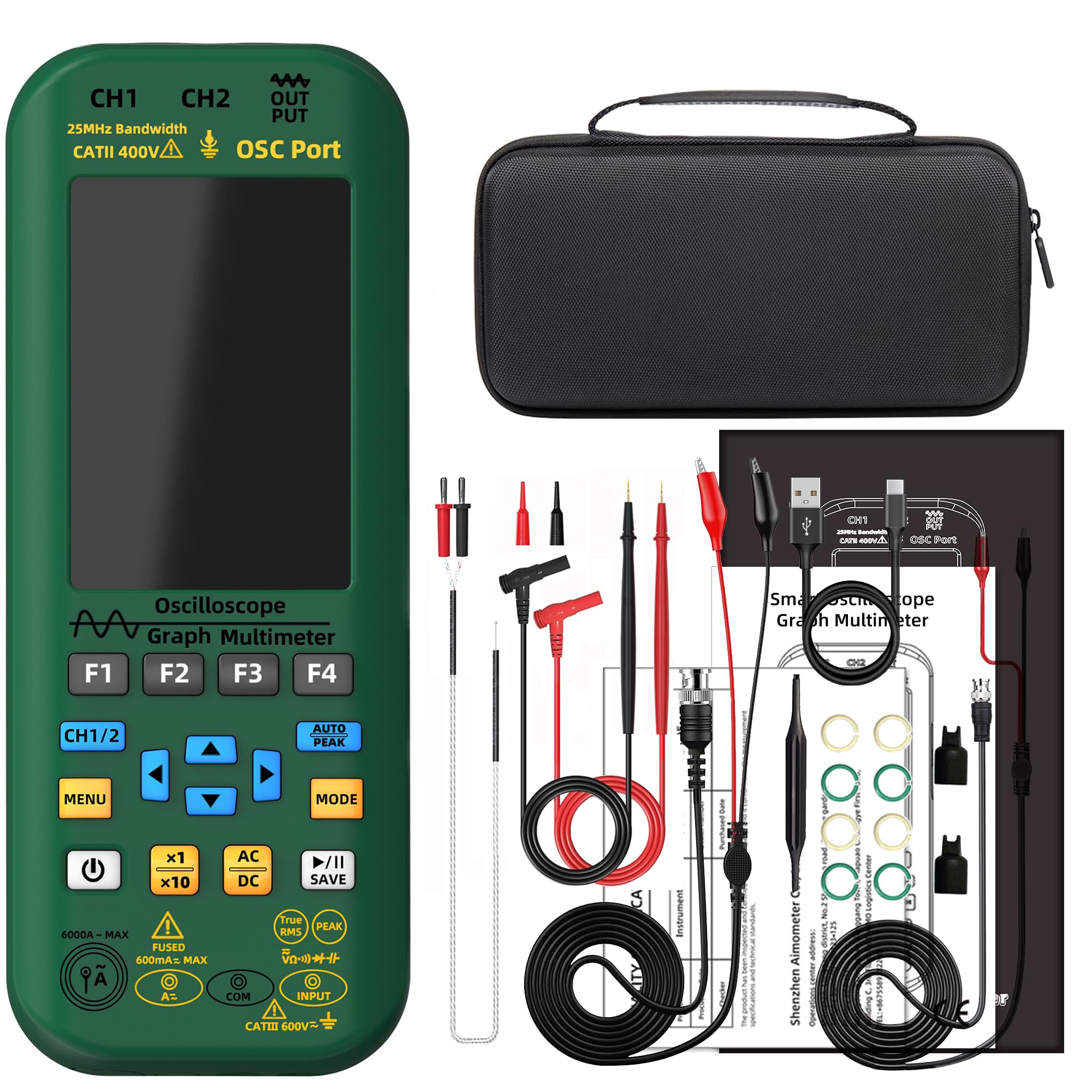 BSIDE O7 Oscilloscopio Digitale Portatile 2 Canali con Multimetro TRMS Generatore di Segnale 3,98" Display a Visione Completa 50MHz 208MSa/s Tester Oscilloscopio Ricaricabile Misura 6000A Corrente AC