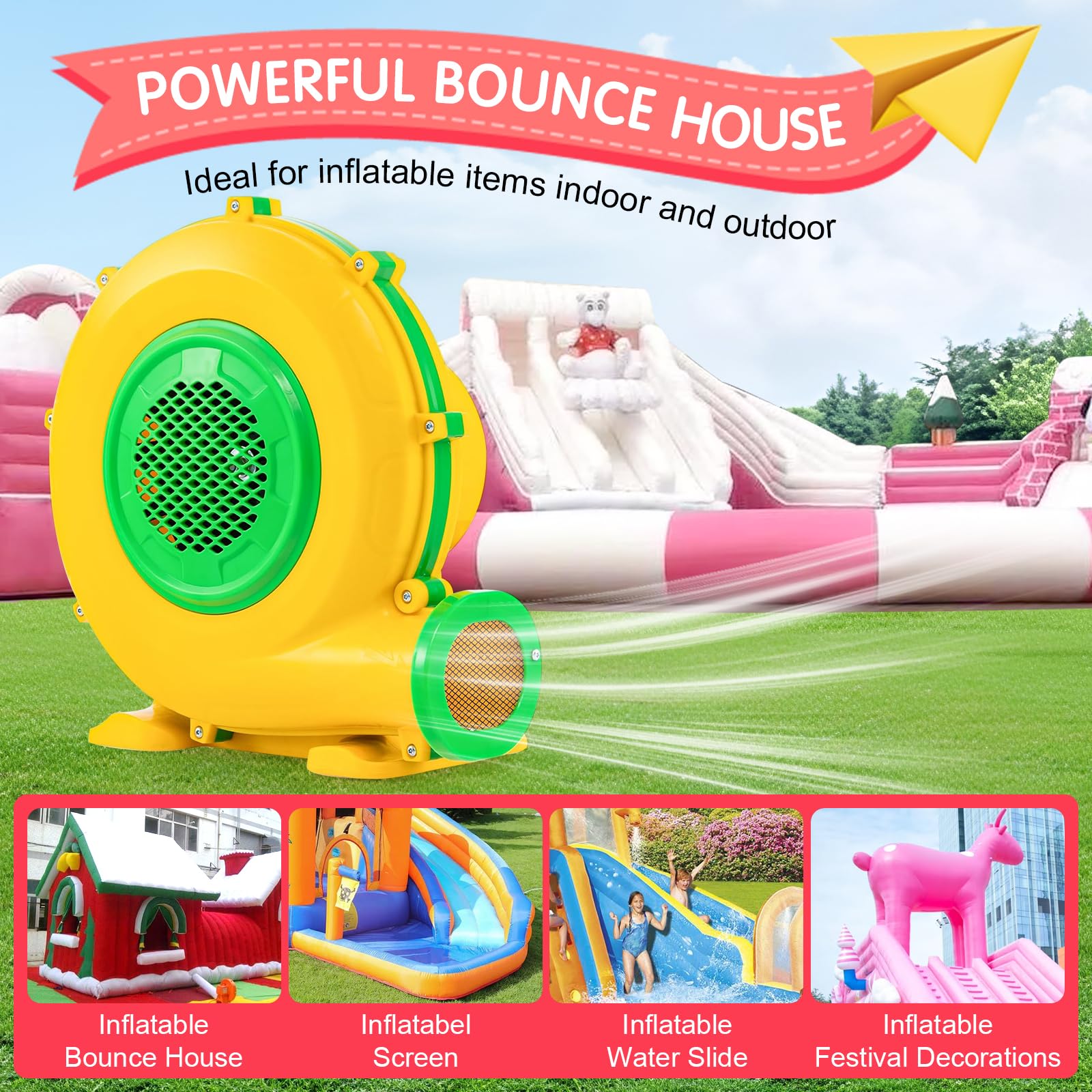 750W Soplador Eléctrico y Bomba de Aire con Mango y Estacas, Ventilador de Extracción Comercial para Castillo Hinchable, Castillo Inflable, Tobogán de Agua