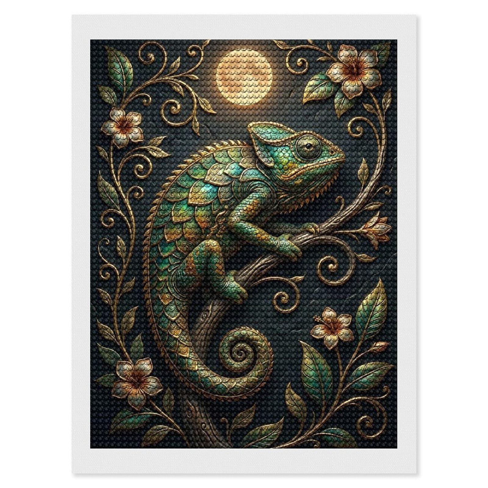 Junmoney Ornate Chameleon with Moon and Flowers Diamond Art Canvas 12"x16", Easy to Follow Symbols, Finish and Display, Fun Craft Experience, Aesthetic Room Decor