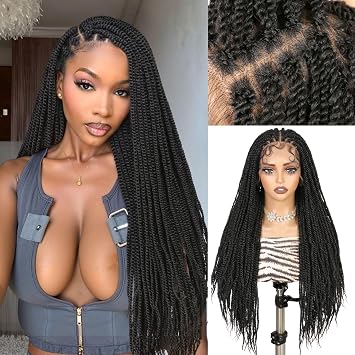 Senegalese Twist Long Braided Wig 26 Inches Square Knotless Twist Braided Wigs for Black Women Glueless Full Lace Braids Wigs Pre Plucked with Baby Hair Synthetic Twist Hair Black Color