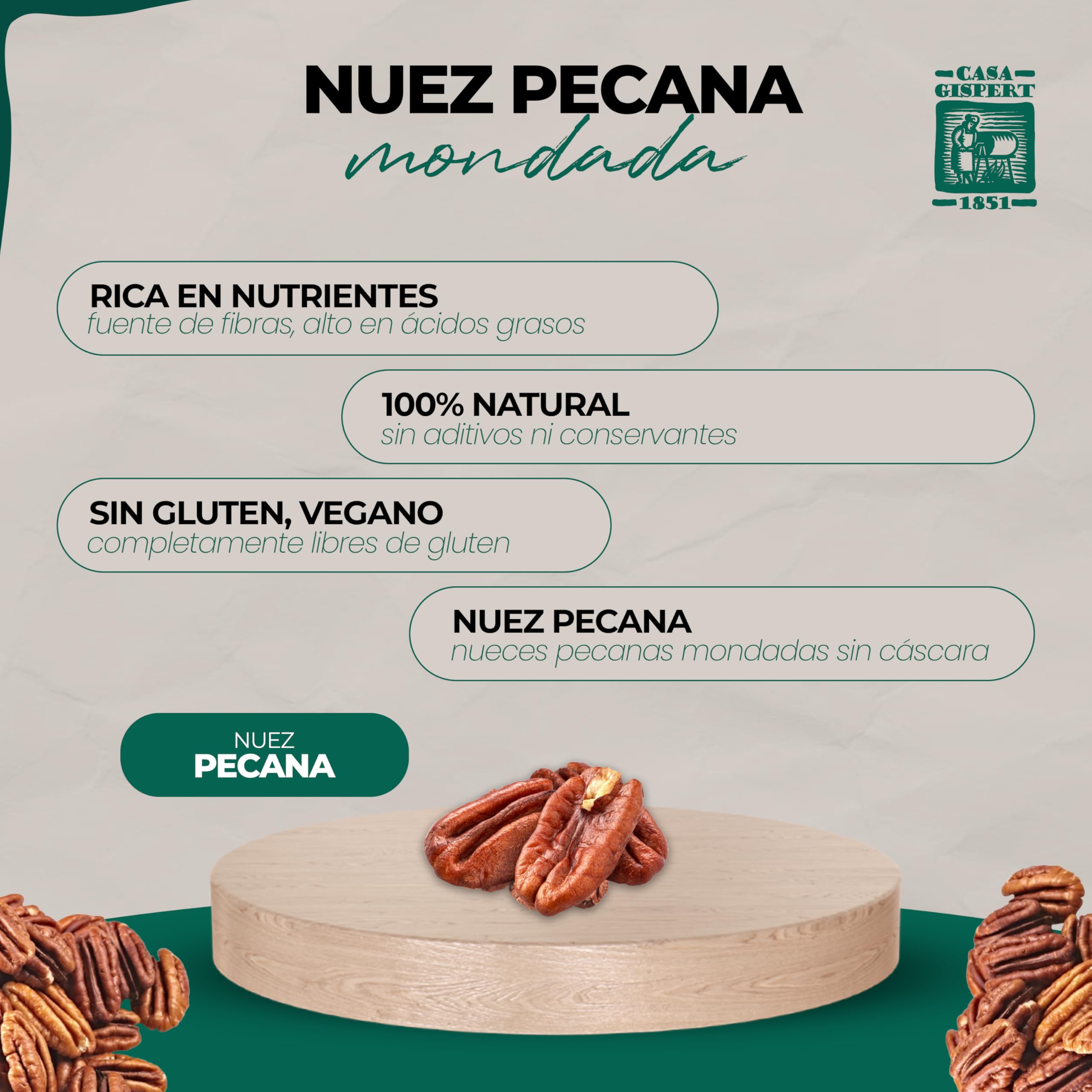 Casa Gispert - Nueces Peladas Pecanas Naturales - Nuez Pecana Mondada - Sin Gluten, Vegano - 400gr