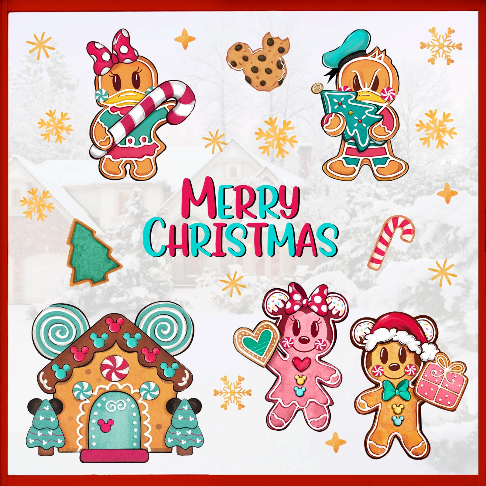 Mfault Merry Christmas Gingerbread House Window Clings 9 Sheets, Duck Dog Xmas Tree Stickers Decals Decorations, Funny New Year 2026 Party Home Kitchen Decor Holiday Gifts