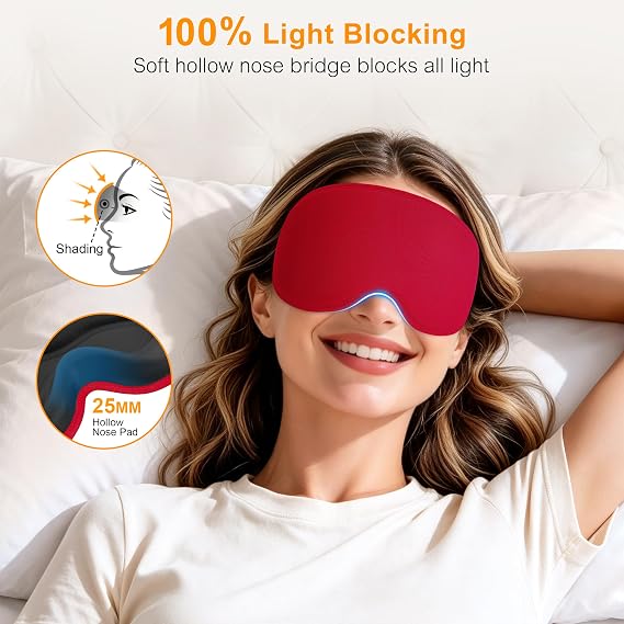 Gritin 3D Sleep Masks for Men & Women, 100% Blackout Eye Mask with Deep Contoured Eye Cups for Side Sleepers, Adjustable Elastic Strap, Soft Breathable Fabric & Earplugs for Sleeping, Traveling-Red