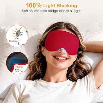 Gritin 3D Sleep Masks for Men & Women, 100% Blackout Eye Mask with Deep Contoured Eye Cups for Side Sleepers, Adjustable Elastic Strap, Soft Breathable Fabric & Earplugs for Sleeping, Traveling-Red