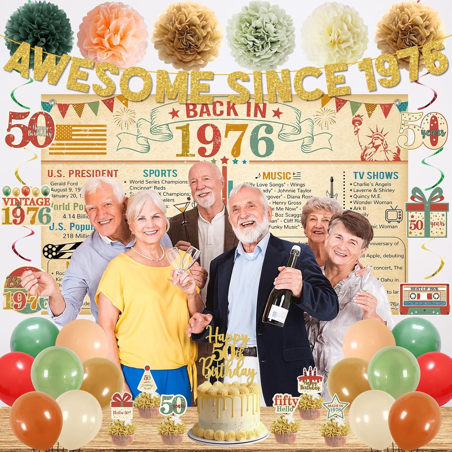Trgowaul Vintage Colorful 50th Birthday Decorations for Men Women, Back in 1976 Birthday Party Supplies, Back in 1976 50th Backdrop Banner, Hanging Swirl, Cup Cake Toppers, Cheers to 50 Years Old Set - Image 3