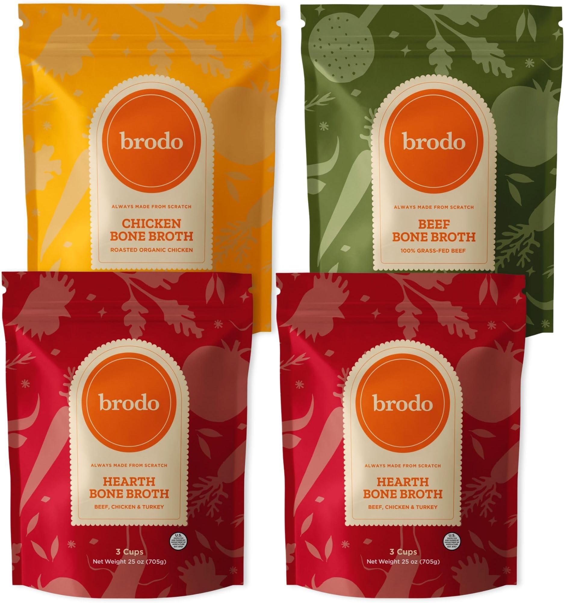 Brodo Classic Variety Pack with Collagen & Protein, Includes Organic Chicken, 100% Grass-Fed Beef, & Hearth Bone Broths for Sipping & Cooking, Nutrient-Dense & Slow-Simmered for Deep Flavor (4 x 25oz)