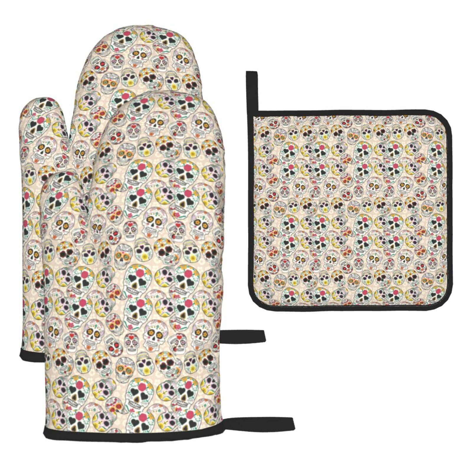 Mexican Skull Print Oven Set Kitchen Gloves Baking Grilling Microwaving Cooking Gift Everyday Holiday
