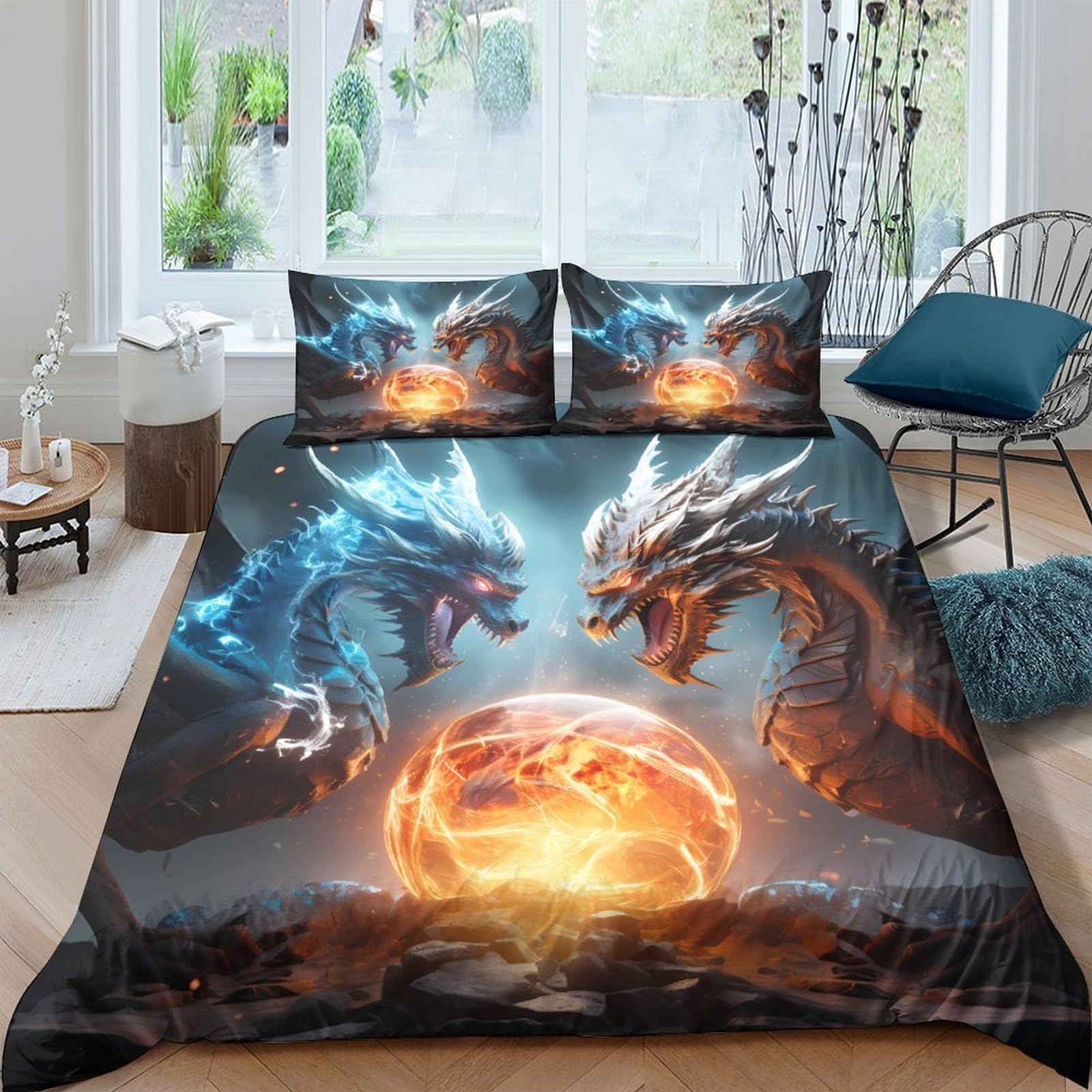 Ctjqhvkz Style-3 3D Printed Fire Ice Dragon Fitted Sheet Microfiber Soft Breathable Fantasy Lava Mattress Cover For Bedroom Dorm Decor Single（135X200cm）