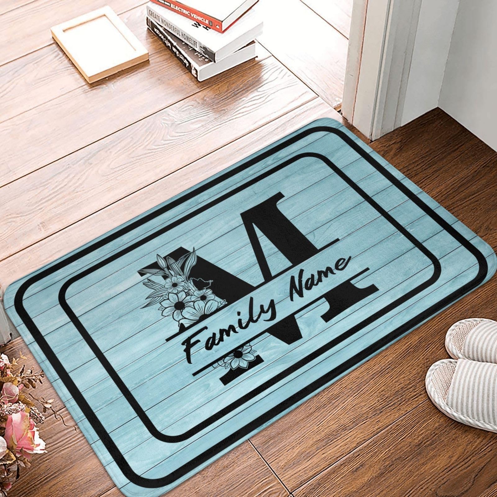 Custom Blue Wooden Rug Doormat Personalized Family Name Text Decoration Door Mat Customized Non-Slip Floor Carpet for Bedroom Bathroom Living Room
