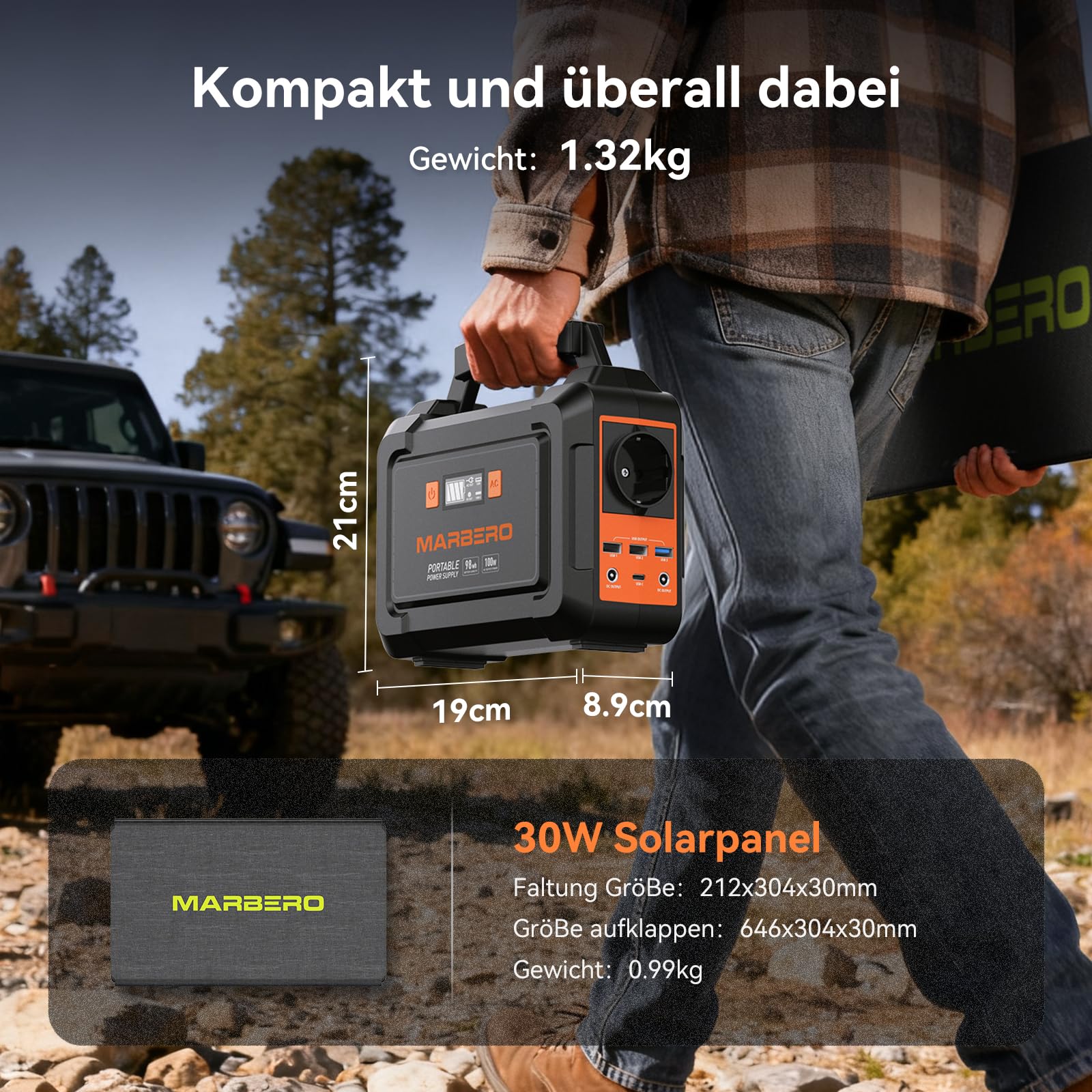 MARBERO Portable Power Station 98Wh mit 30W faltbarem Solar Panel 150W Solargenerator Outdoor Batterie mit DC Ausgängen für Wohnmobil Road Trip Abenteuer Camping Zuhause Stromausfall Notfall