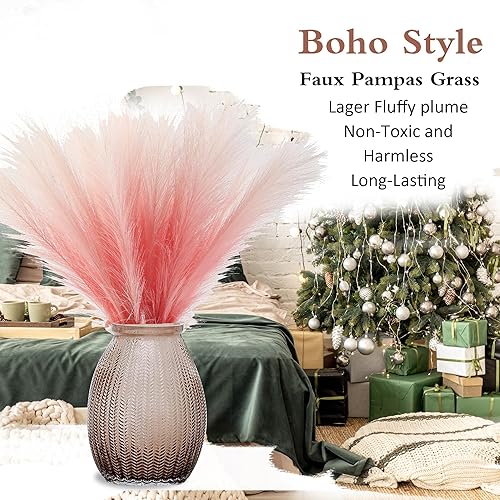 Miniatura 5 de Decoración de hierba de pampa rosa, 30 piezas de 17 pulgadas de hierba de pampa sintética, arreglo floral de pompas y relleno de jarrón para