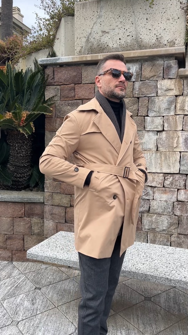 Runcati Mens Double Breasted Trench Coat Notched Lapel Windbreaker