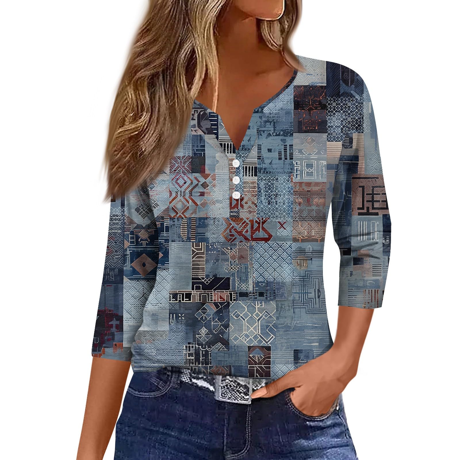 3/4 Sleeve Tops for Women Henley Neck Casual Women's Tunic T-Shirts