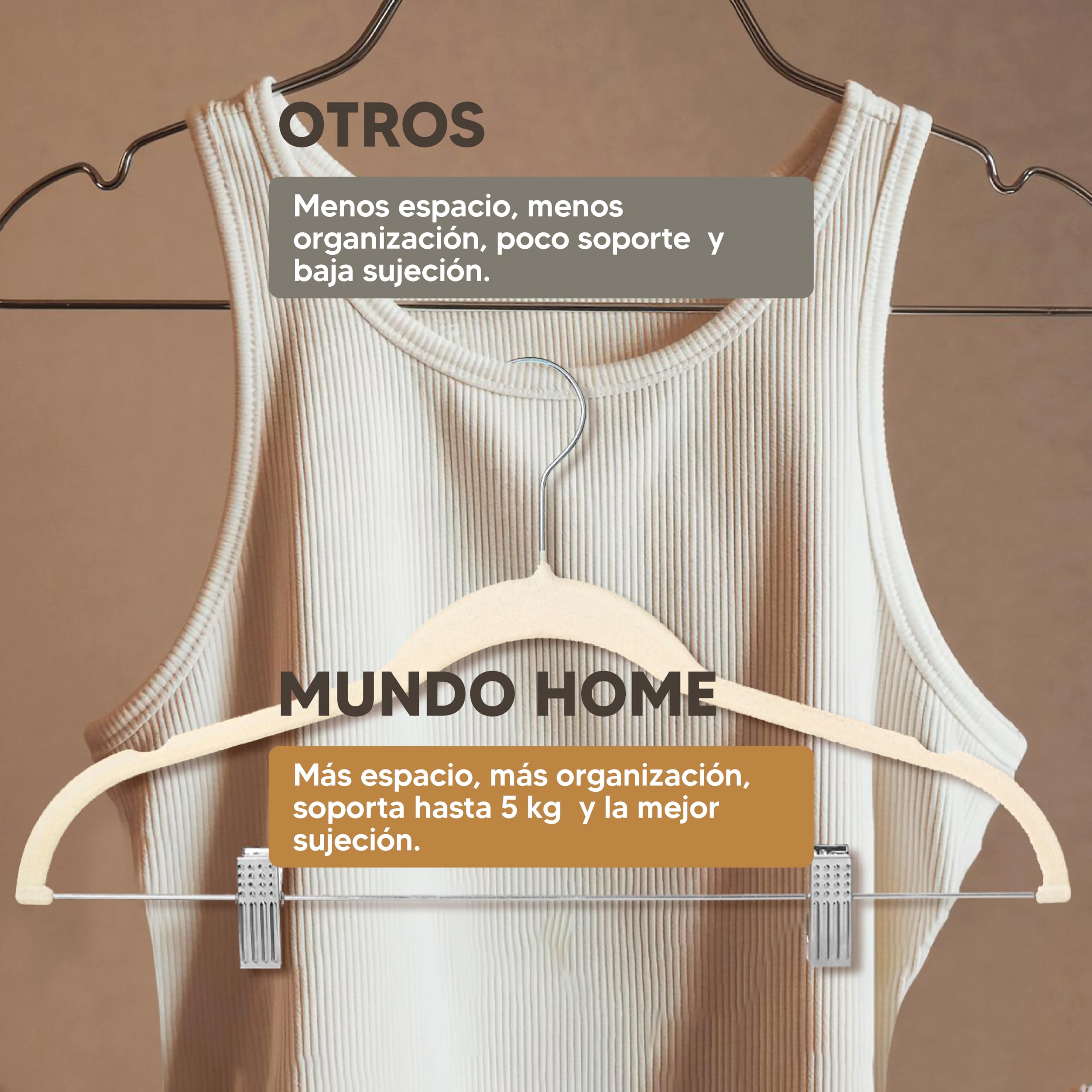 12X Perchas Terciopelo Beige Antideslizantes con Pinzas - Colgadores de Ropa Terciopelo Finas para Pantalón - Perchas Ropa Terciopelo Multifuncional con Gancho 360º
