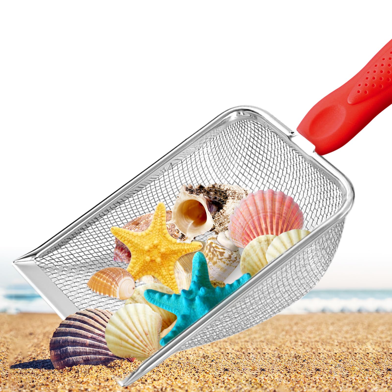 PLACHIDAY Beach Mesh Shovel,Sand Sifter Tool for Shell Collecting with Durable Mesh Net - Kids Sand Scoop for Picking Up Shells - Beach Toys (Red)