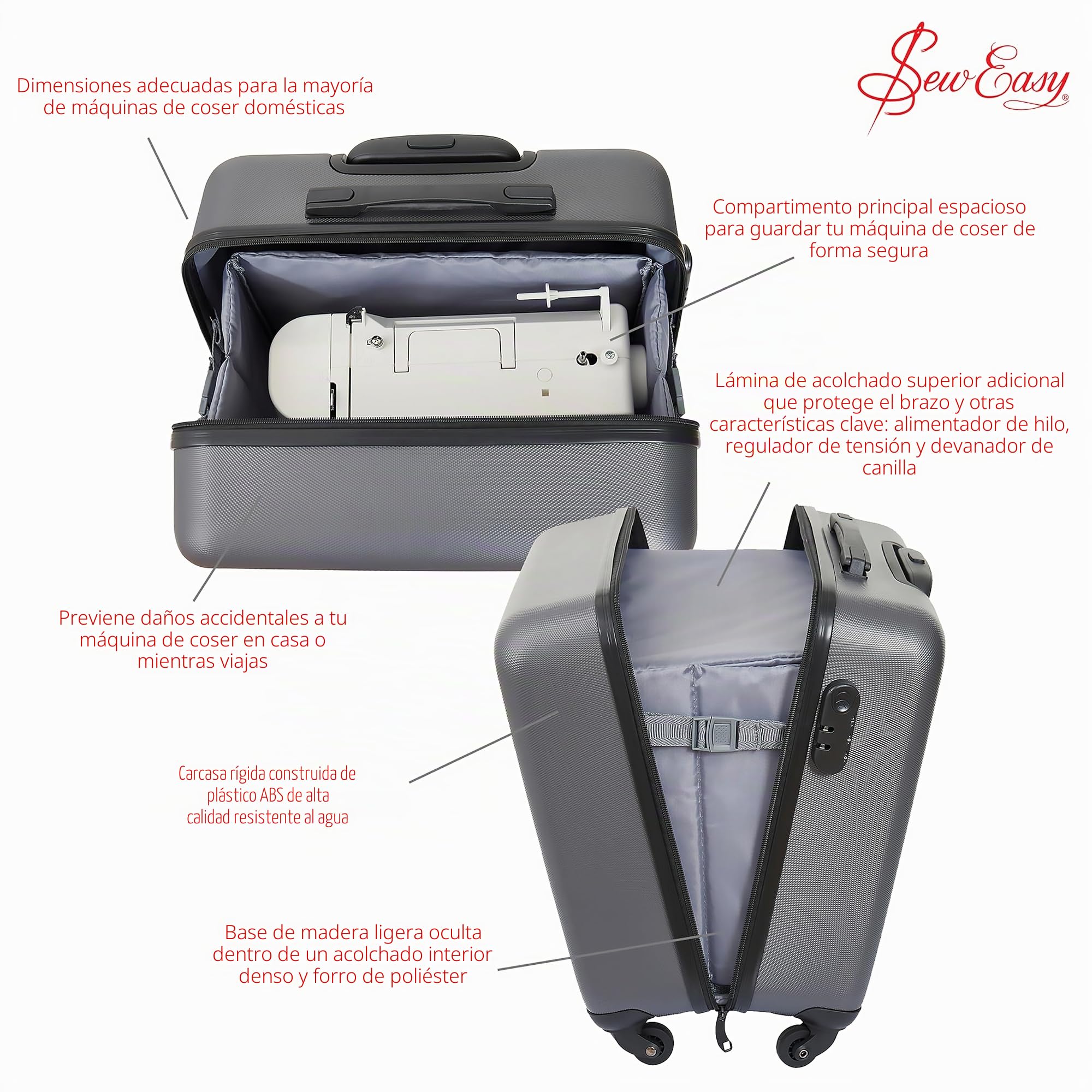 Sew Easy Carro para máquina de coser – Maletín rodante para máquina de coser con 4 ruedas, funda de transporte acolchada con cerradura para máquinas de coser, metallic silver, 24 x 44 x 46cm, Estándar