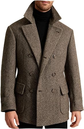 VENNYNG Mens Wide Herringbone Short Overcoat Double Breasted Wool Blend Jacket Tweed Trench Coat