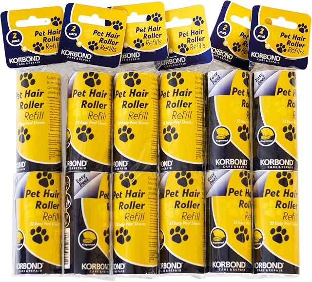 Korbond 12 Pack of 9.8m PET SAFE Lint Roller REFILLS 396 Sticky Pre-Cut CITRUS SCENTED Sheets- Suitable for ALL FABRIC TYPES - Removes Pet Hair from Furniture and Clothes - Leaves NO RESIDUE