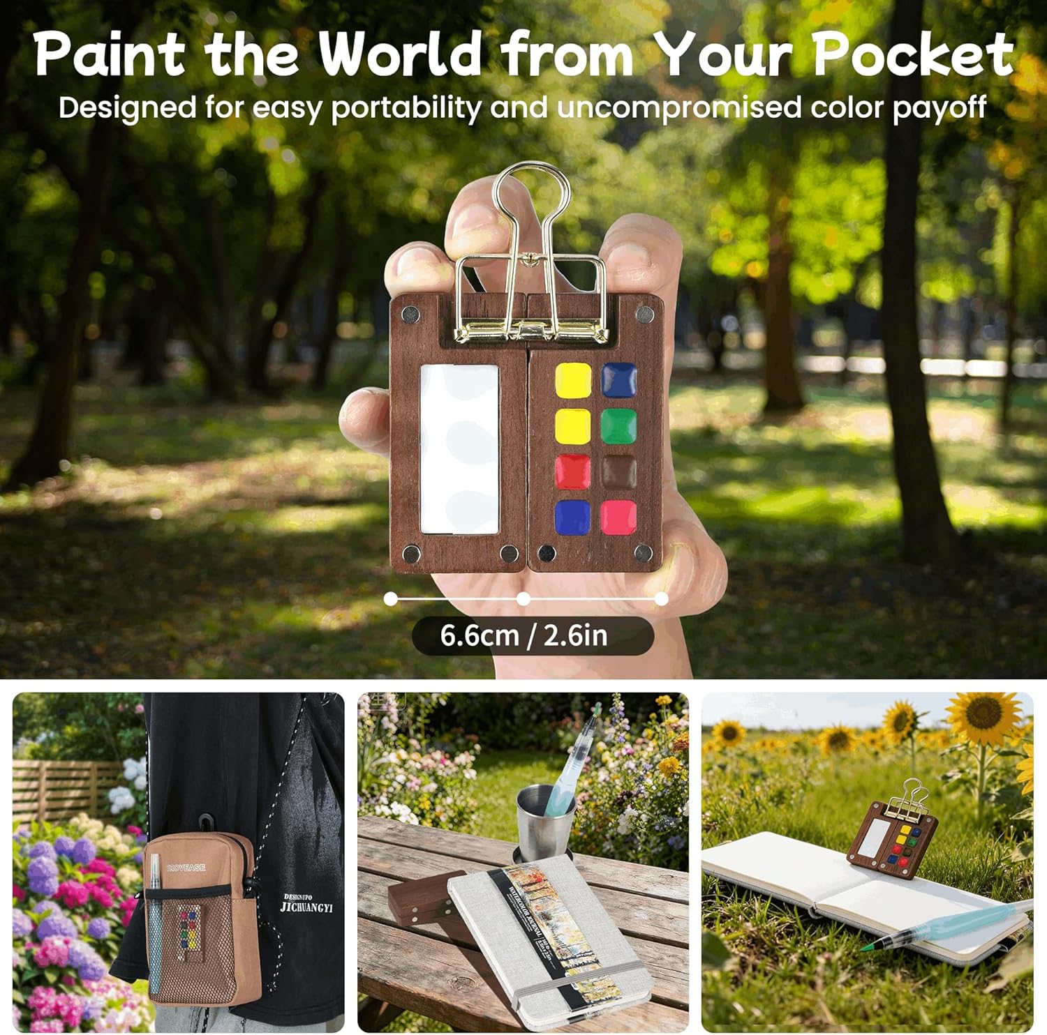 Mini Watercolor Travel Set, 8 Colors Travel Watercolor Set with Walnut Palette Portable Watercolor Kit with Crossbody Bag, Water Brush & Sketchbook for Plein Air, Urban Sketching, Artists & Beginners