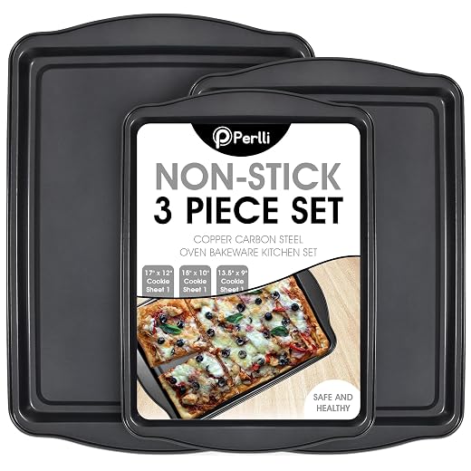 Perlli Cookie Sheets for Baking Non Stick Oven Pan Tray Baking Sheet 3-Piece Set (Small, Medium & Large) Carbon Steel BPA Free Cooking and Baking Trays for Cakes and Cookies with Orange Silicone Grips
