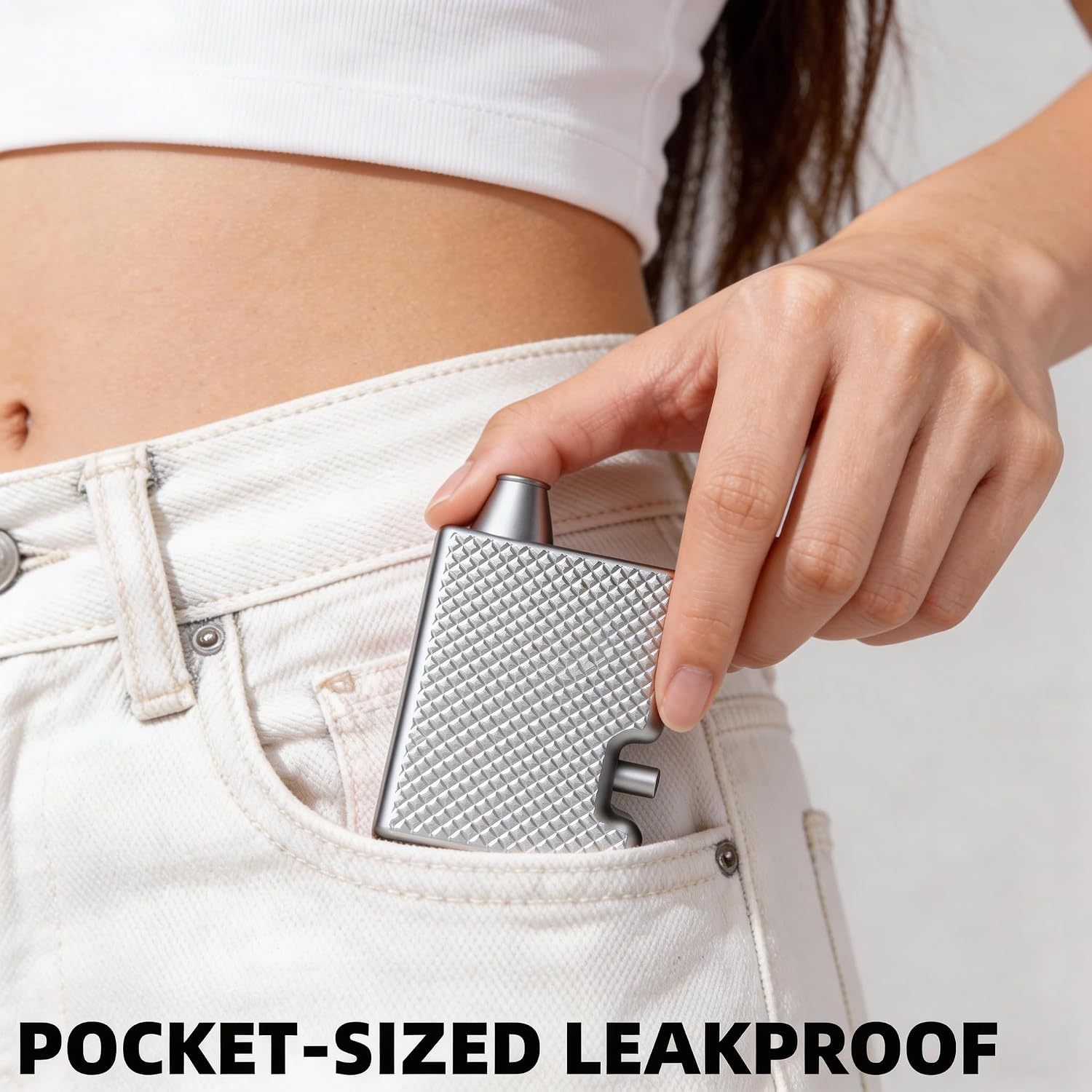 Checkered Pattern Aluminum Container | Dispenser with One-Button Operation | Magnetic Door & Leak-Proof (Matte Silver)