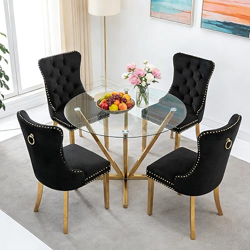 Miniatura 29 de Juego de mesa de comedor de cristal negro de lujo moderno de 45 pulgadas para 6, 7 piezas redondas de vidrio templado para cocina y comedor con Mesa