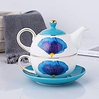 Vista 4 de Jusalpha Té de porcelana inglesa para un juego, tetera clásica de pétalos azules, taza de té, juego de platillo, juego de regalo para servir té #07