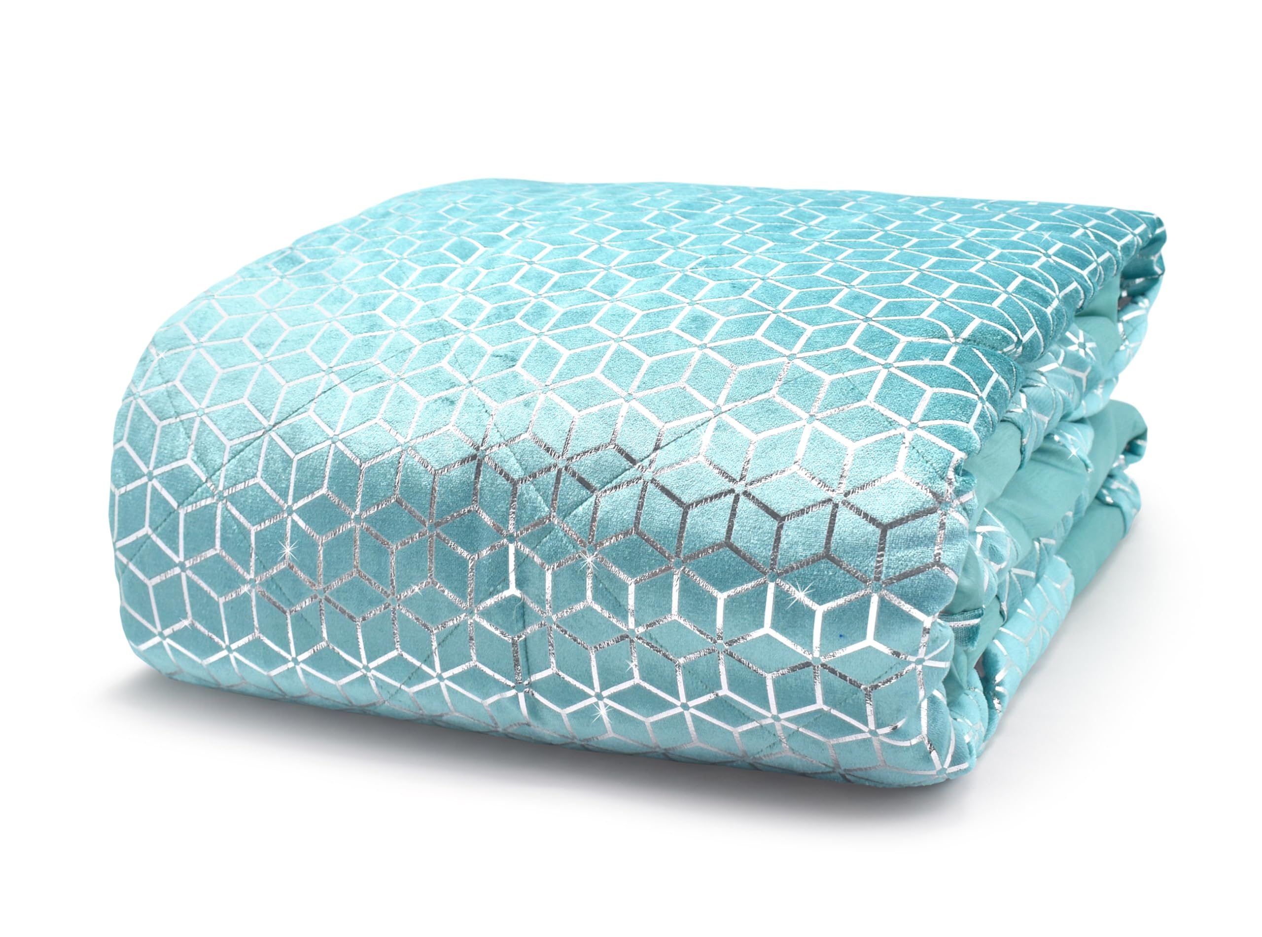 Intimates Velvet Quilted Bedspread, Reversible Silver Geometric Foil Design, Soft Machine Washable King Size Bedspread, Duck Egg (254 ร 264 cm)