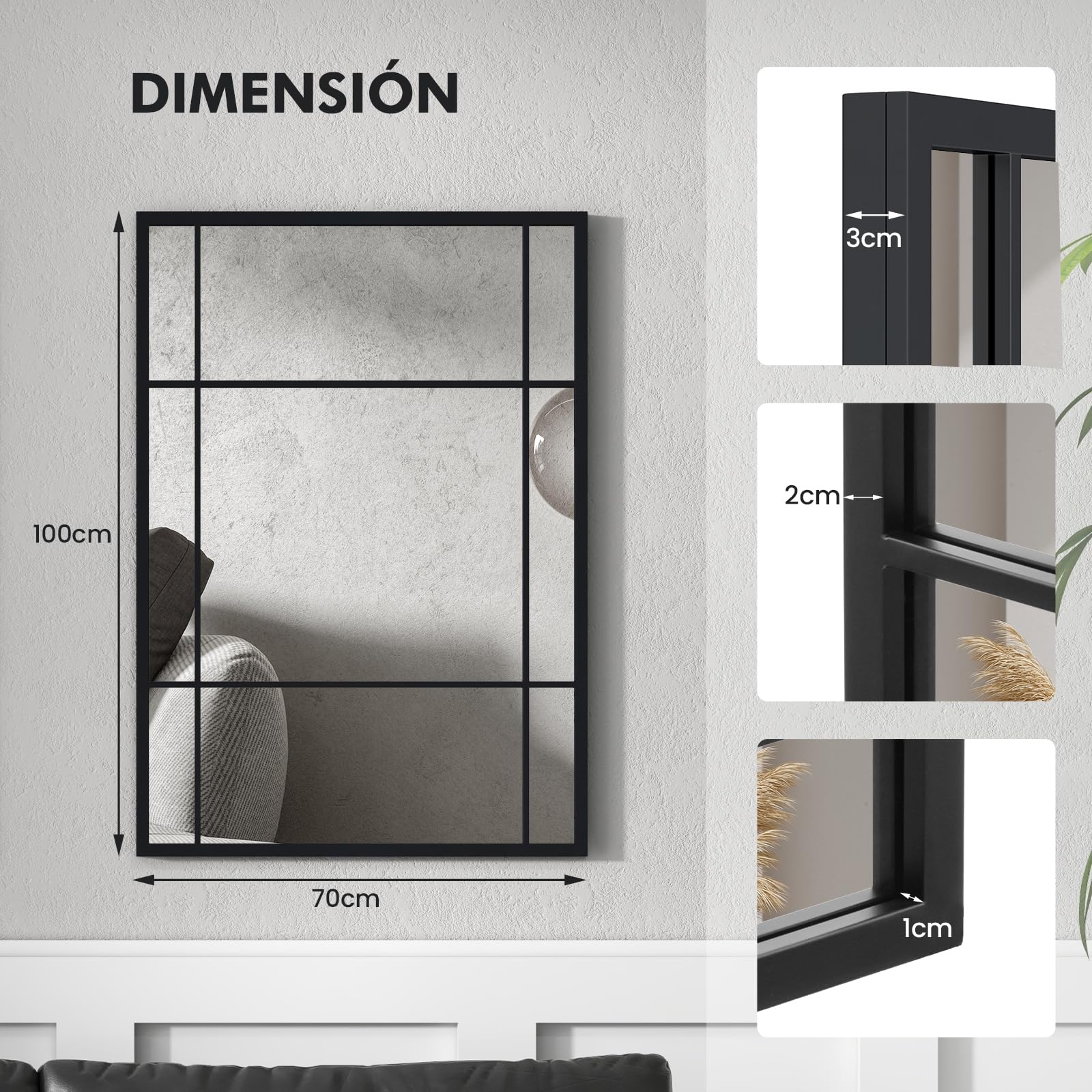 COSTWAY Espejos de Pared de 100 x 70 cm, Espejo Decorativo para Pared con Marco de Metal, Espejo Ventana Rectangular de Alumnio para Recibidor, Entrada, Sala de Estar, Dormitorio, Marco Negro