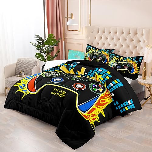 Miniatura 3 de Juegos de ropa de cama para gamers para niños con 1 edredón y 2 fundas de almohada - Cama gamer para niños y niñas, tamaño Queen