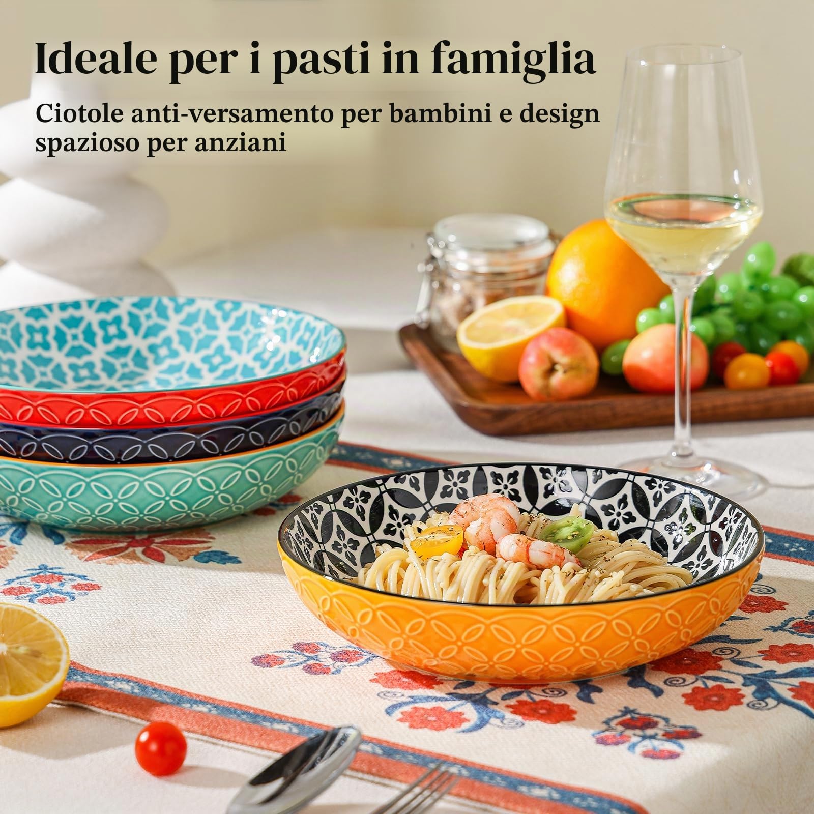 DOWAN Ciotole per Pasta dai Colori Vivaci, Grandi 20,5 cm, in Porcellana Set di 4, Ciotole per Pasta, Insalata, Zuppa, Farina d'Avena, Motivo Misto