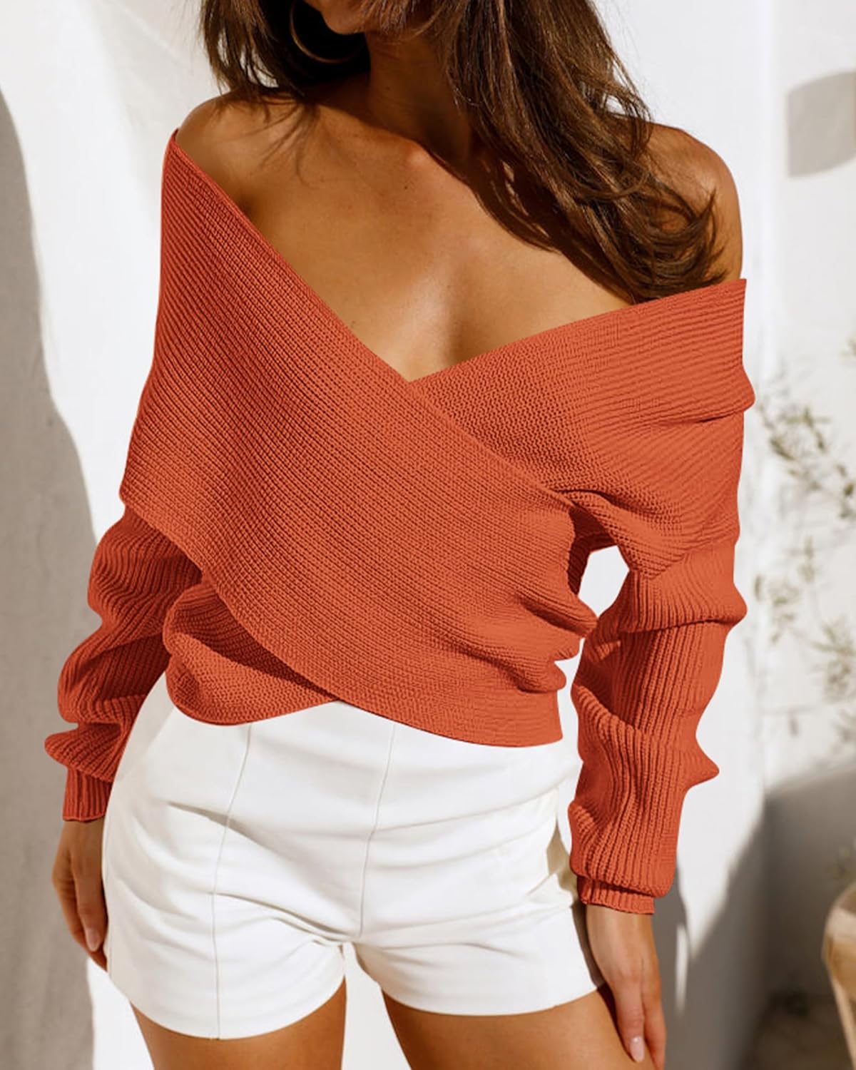 BTFBM Off The Shoulder Sweater for Women Winter Fall Fashion 2026 V Neck Long Sleeve Ribbed Knit Wrap Cropped Sweaters - Image 8