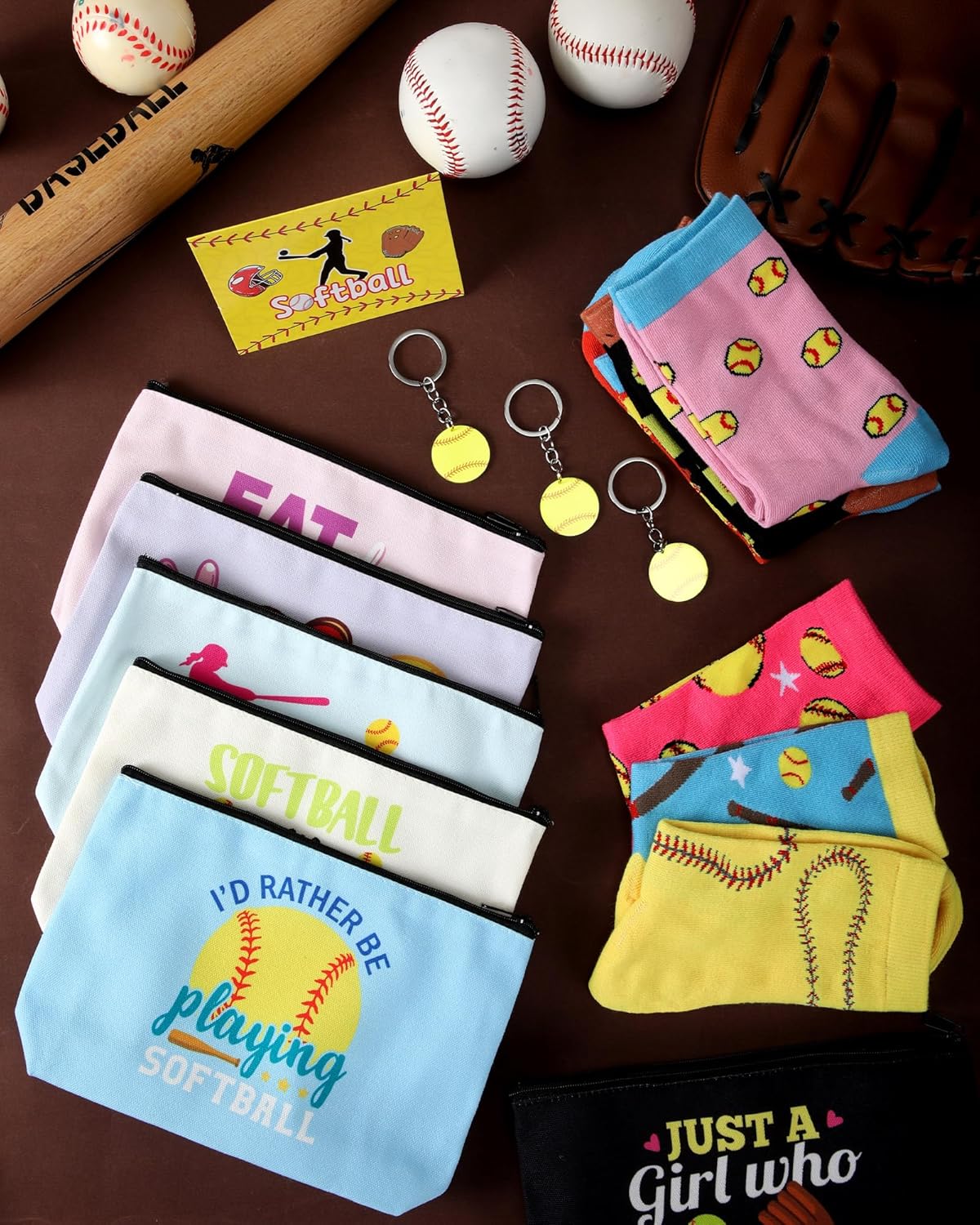 48 Pcs Softball Team Gifts Sets for Women Girls with Funny Makeup Bag Novelty Socks Keychains and Cards Team Senior Night Party Favors for Softball Mom Players Coach