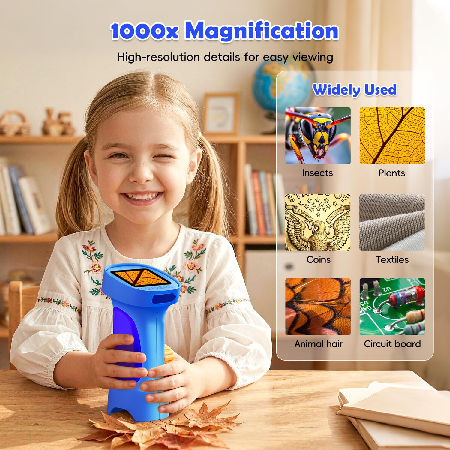Microscopio para Niños, Ahalfcit Microscopio Digital con Pantalla HD IPS 2.4", 1000X Microscopio Niños Portátil, Juguete Exploración Natural, Regalo Stem para Niños 3-12 Años (Azul)