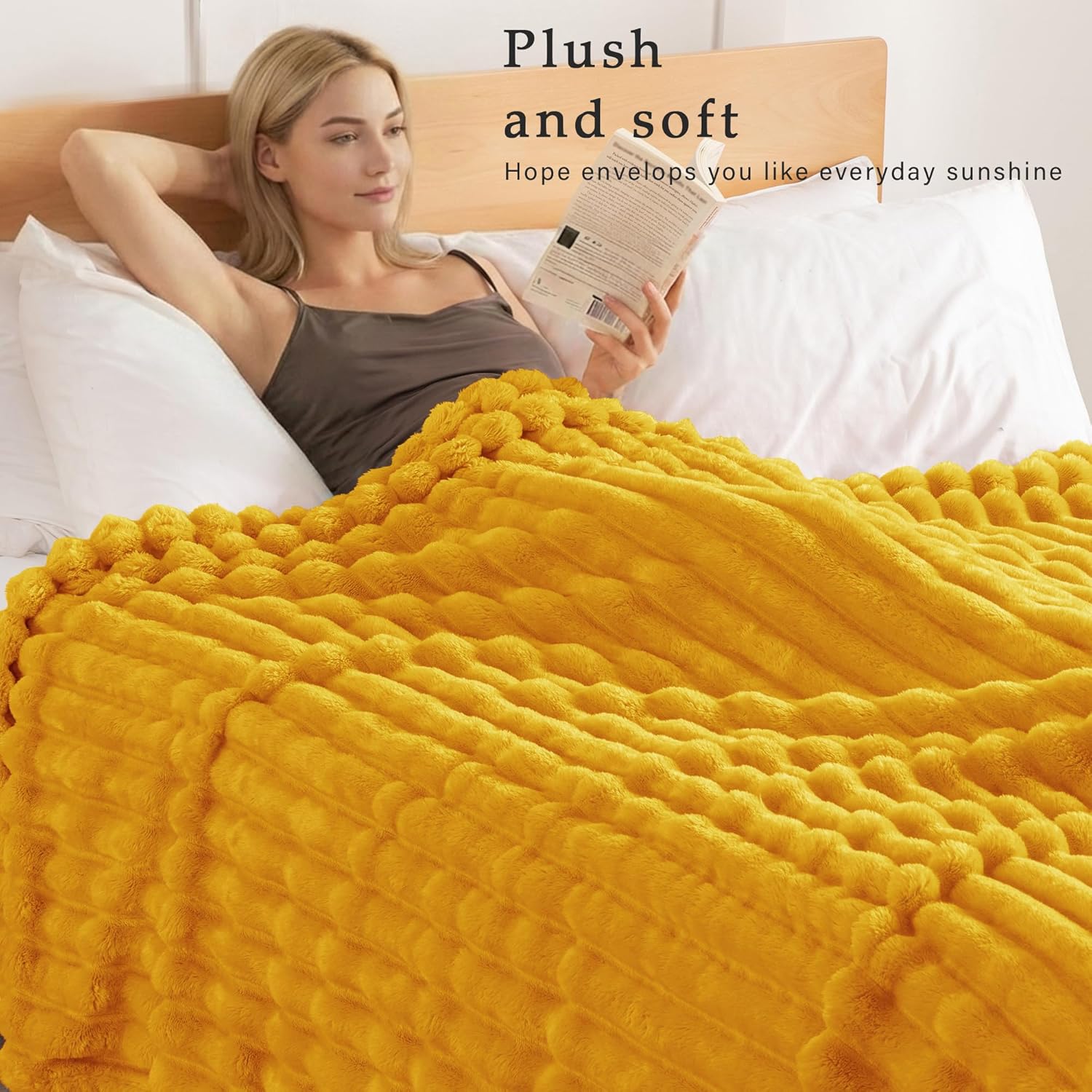 exclusivo mezcla queen size flannel fleece blanket, super soft striped jacquard bed blanket, lightweight fuzzy cozy for all seasons, 90x90 inches, mustard yellow mustard yellow queen ( 90x90 in )