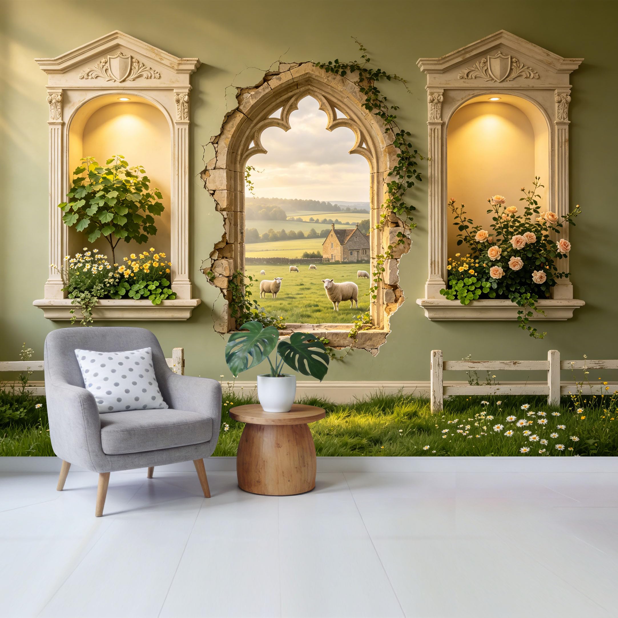 Custom Size Wall Mural Countryside Farmhouse Landscape Stone Arch Window with Sheep and Flowers Removable Self Adhesive Fabric Home Wall Decor for Living Room Bedroom Bathroom