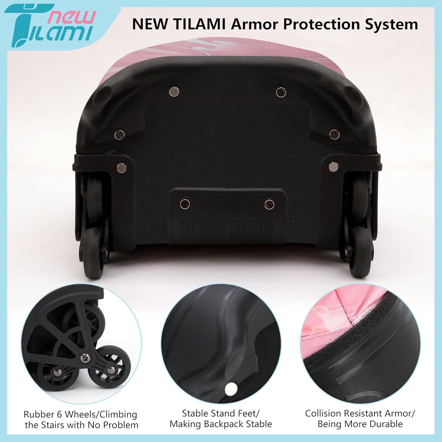 NEW TILAMI 18 inch Rolling Backpack for Girls – Waterproof, Large Capacity, Stair-Climbing Design, Adjustable Handle, Great for School, Pink Sunset - Image 4