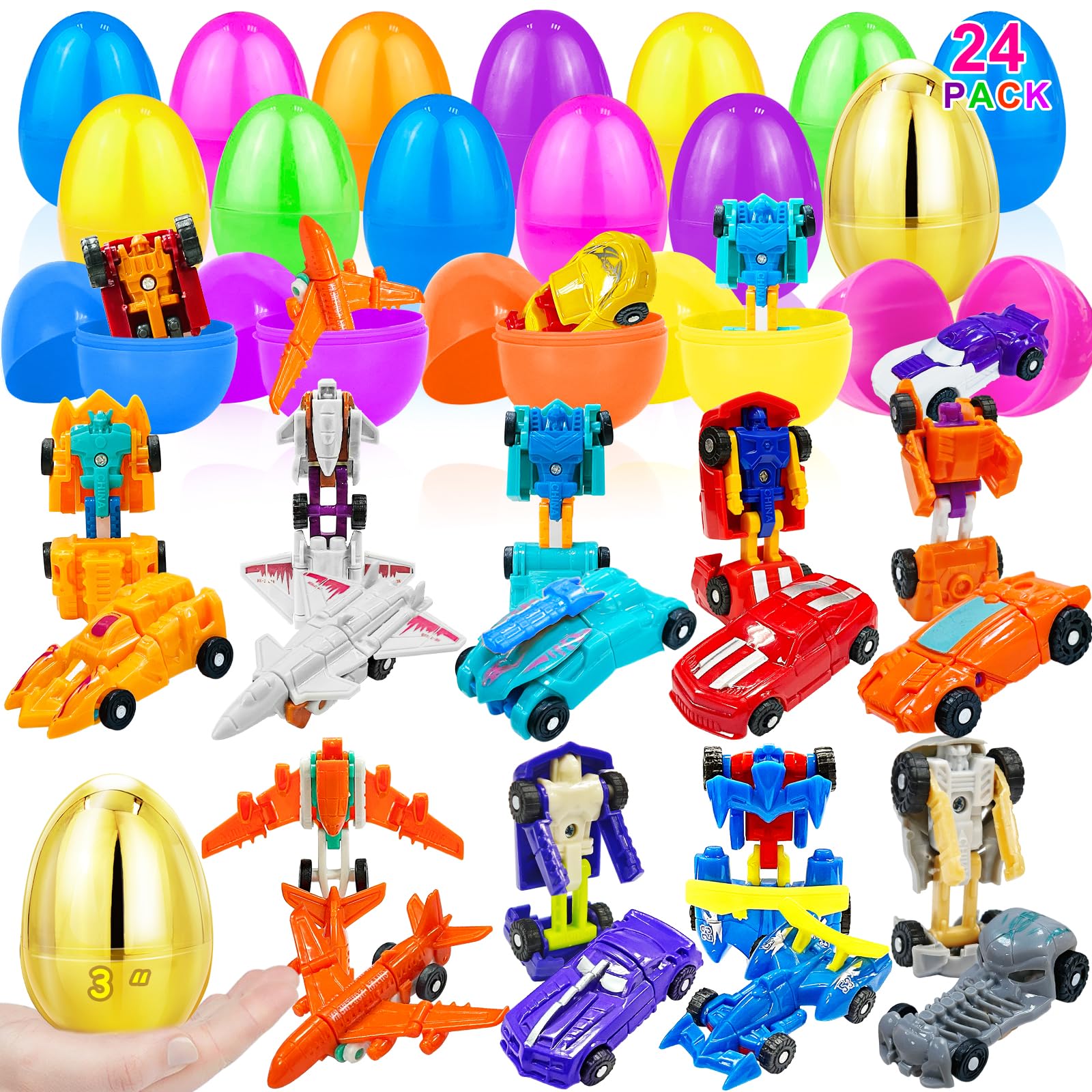 Photo 1 of [1 Gold Egg] 24 Pack Prefilled Easter Egg Filled with Transform Car Robot Toys, 24 Eggs + 24 Car Robot Toys for Kids, Easter Basket Stuffers Classroom Exchange for Boys 24 Vehicle Party Favor Egg Hunt